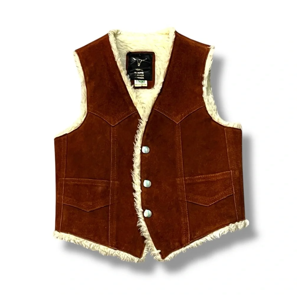 KIDS Suede Western Vest Faux Shearling Snaps Pockets Rodeo Cowboy Unisex Large